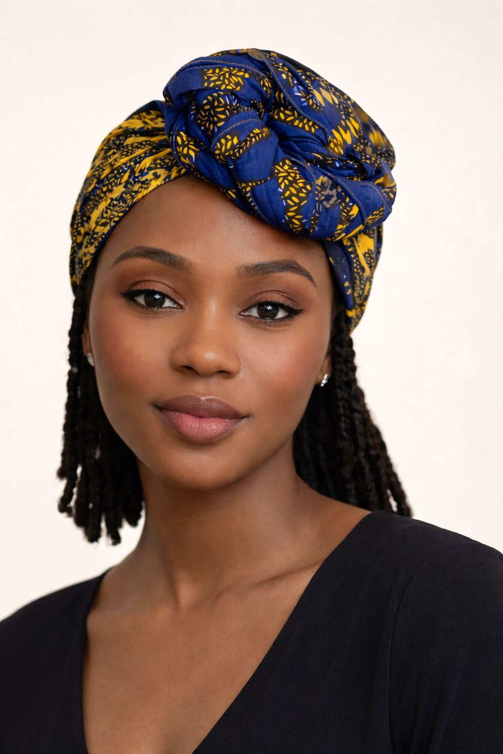 Pre-tied African headwrap in colorful Ankara fabric, perfect for everyday wear and special occasions.