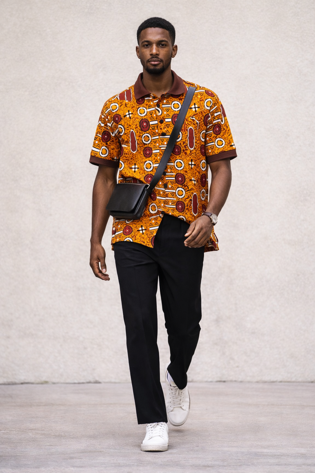 Man wearing Ankara-inspired heritage fashion shirt by Bijoul Creatives