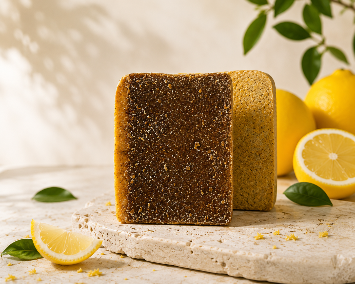 Handcrafted Bijoul Lemon Soap displayed on a natural stone surface with fresh lemons and green leaves in a luxury skincare setting.