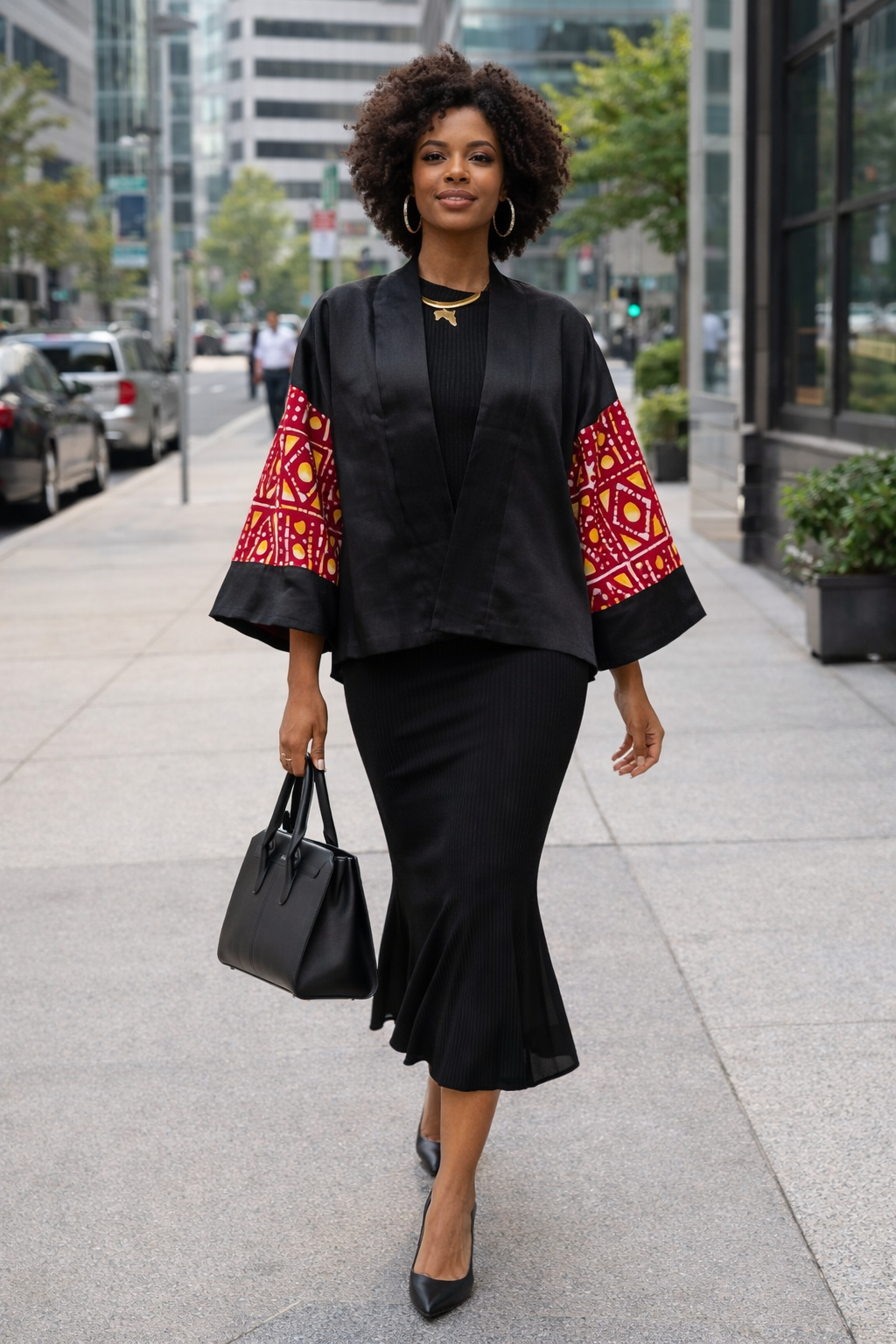 Elegant black kimono-style jacket with vibrant African-inspired patterned sleeves, styled over a fitted black dress for a modern heritage fashion look in an urban setting.