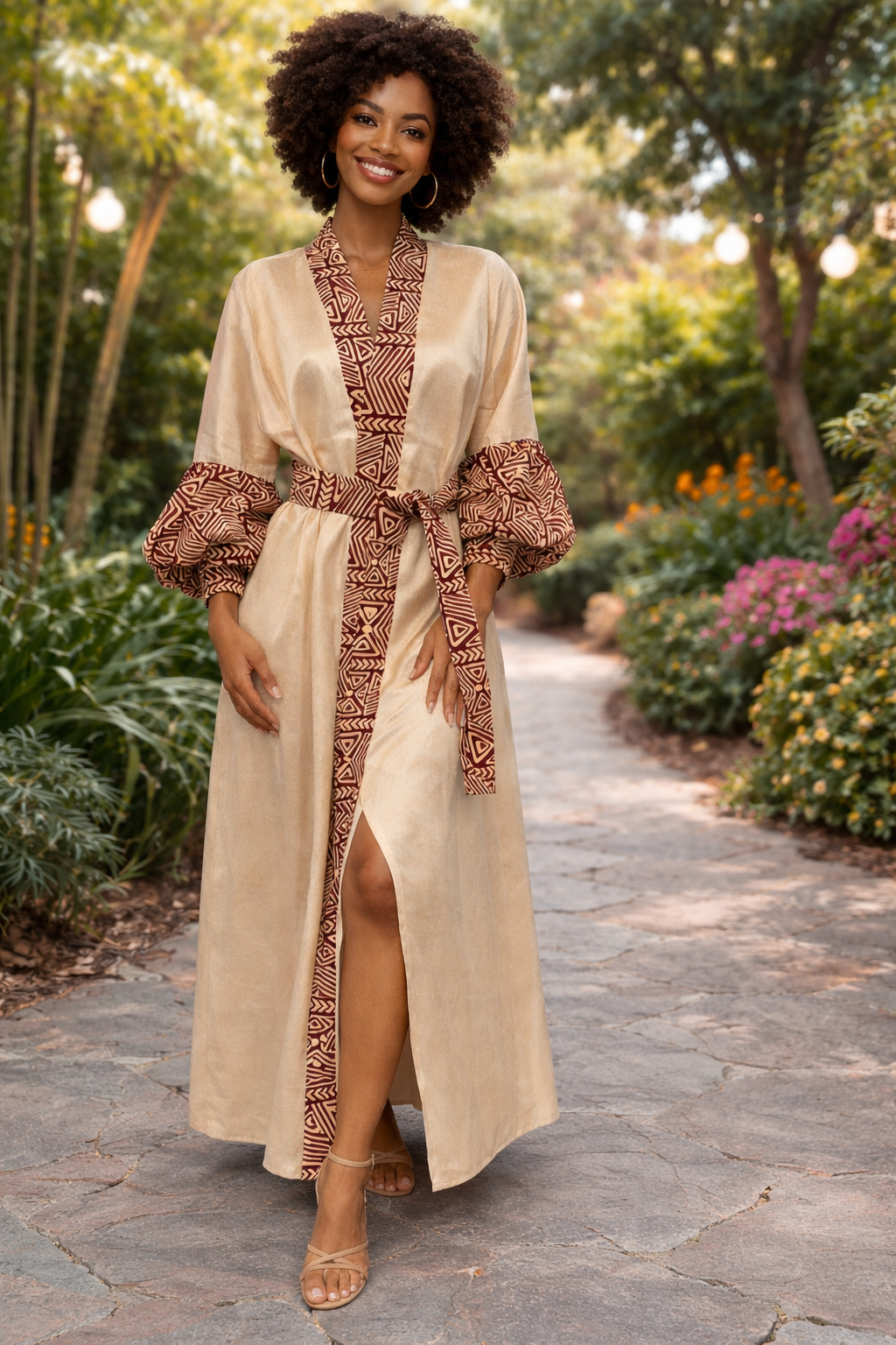Woman wearing a long beige ethnic-inspired kimono featuring patterned statement sleeves and heritage-inspired