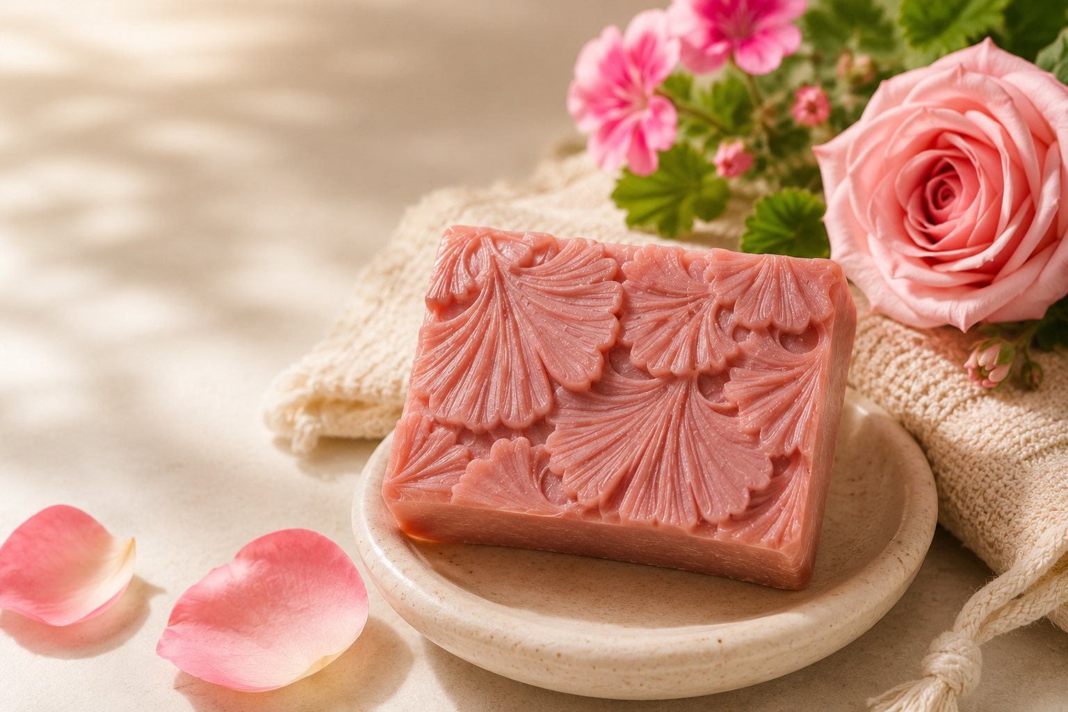 Handcrafted pink rose geranium soap bar with elegant botanical floral design.