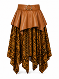 Front view of the SI Heritage Skirt featuring a tan faux leather peplum waistband with gold buckle and a flowing heritage-inspired handkerchief hem.