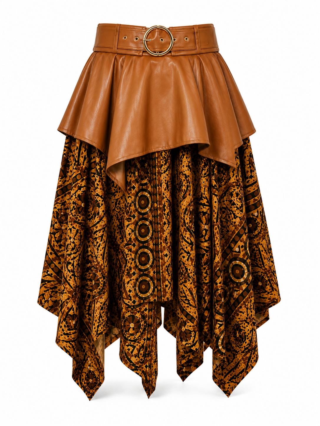 Brown heritage print high-low maxi skirt with faux leather peplum