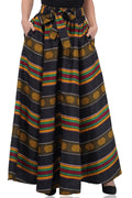 Long flowing Kente-inspired maxi skirt with colorful striped patterns and high-waisted silhouette.