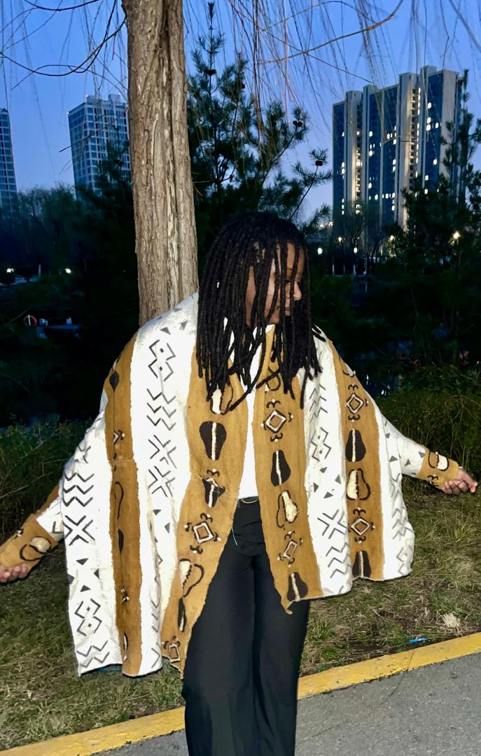 Model wearing the Sophie Mudcloth Shawl Jacket by Bijoul Creatives.
