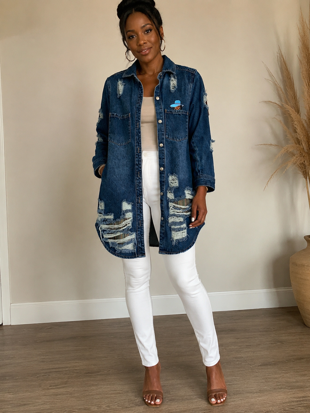 Distressed Denim Longline Shirt Jacket