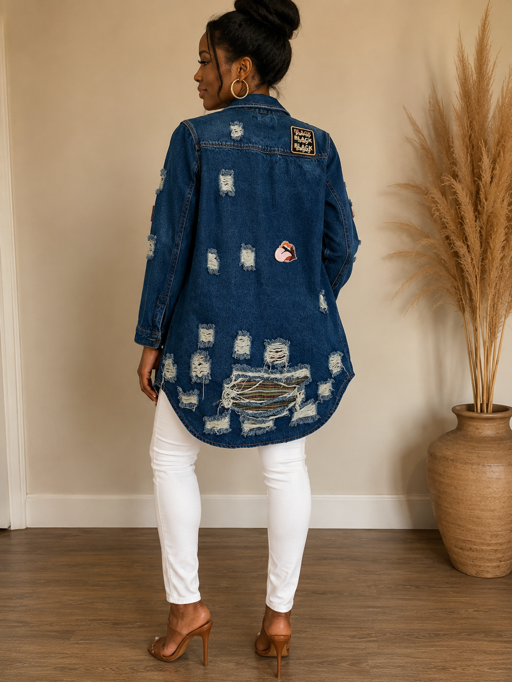 Distressed Denim Longline Shirt Jacket