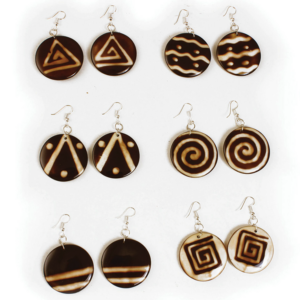 Ethnic pattern resin earrings with geometric designs, handcrafted statement jewelry set.