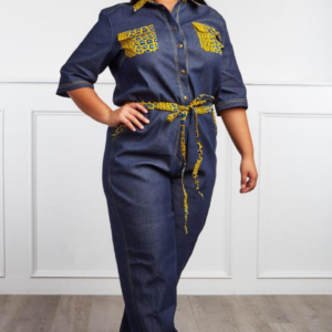 Contemporary African inspired denim jumpsuit with yellow embroidery by Bijoul Creatives