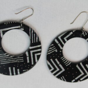 mud cloth hoop earrings black and white geometric pattern.
