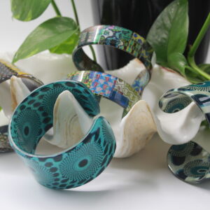 Ankara Plexi-wax bangles in blue and green pattern