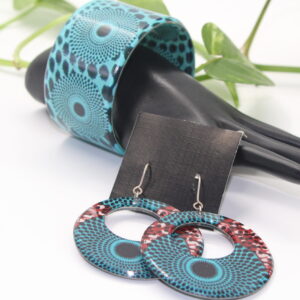 African wax print plexi bangle and earrings set with turquoise pattern by Bijoul Creatives