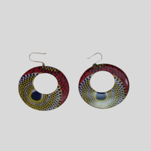 Ankara-inspired plexiglass hoop earrings in yellow and red geometric pattern.