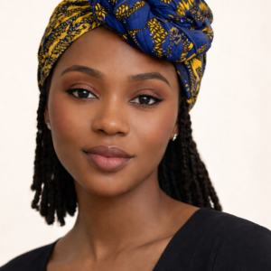 art pre-tied headwrap by Bijoul Creatives worn by model Lea