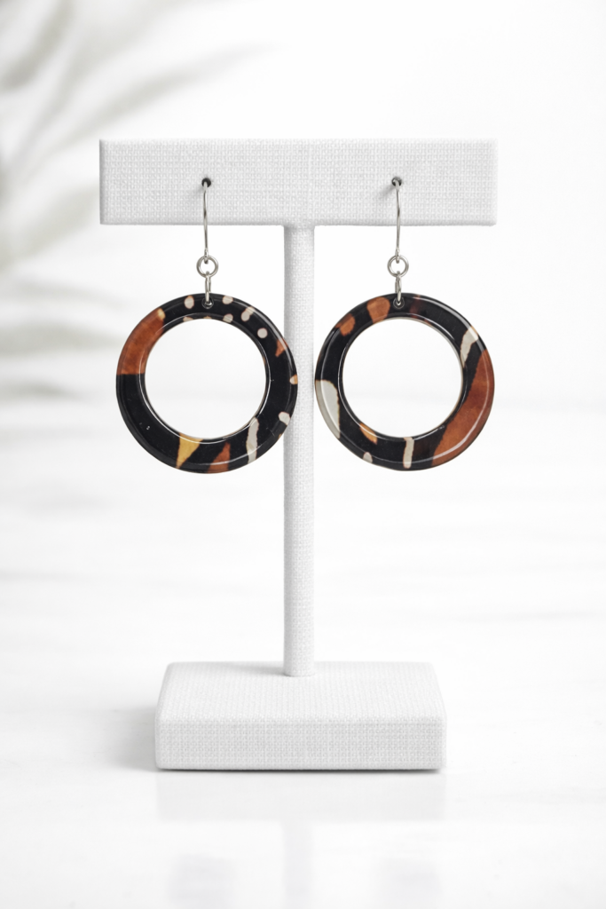 Ankara Plexi-wax earrings black, brown mud cloth hoop design