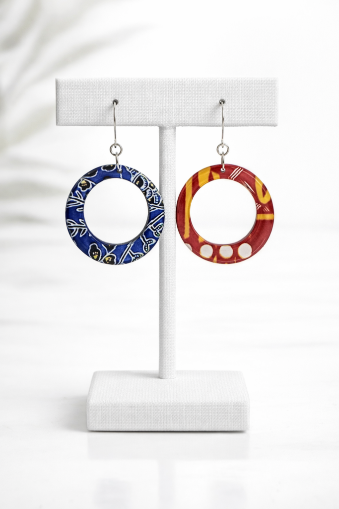 Ankara Plexi-wax earrings orange & blue hoop design