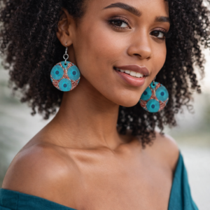 Vale Plexi-Wax red Ankara statement earrings worn by a woman in an off-shoulder teal dress, showcasing bold circular pattern design.