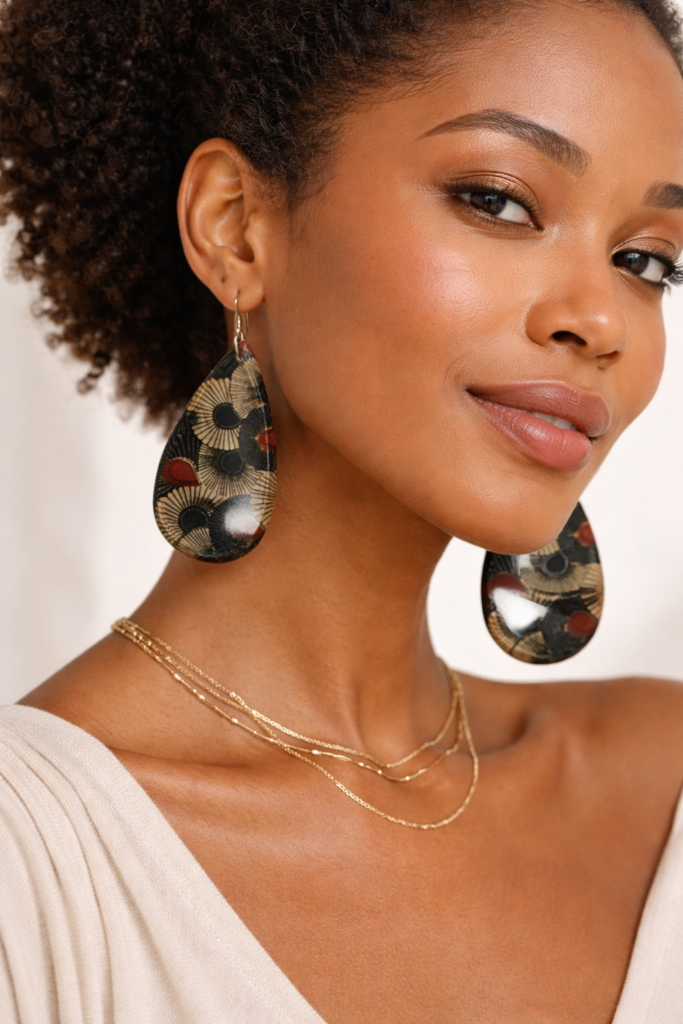 African print teardrop earrings on model, black, beige, red mud cloth Plexi statement earrings