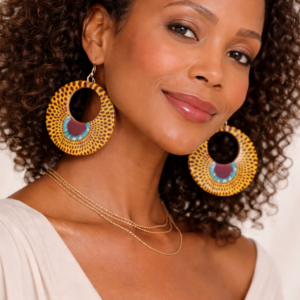 yellow African print hoop earrings Plexi wax statement earrings portrait.