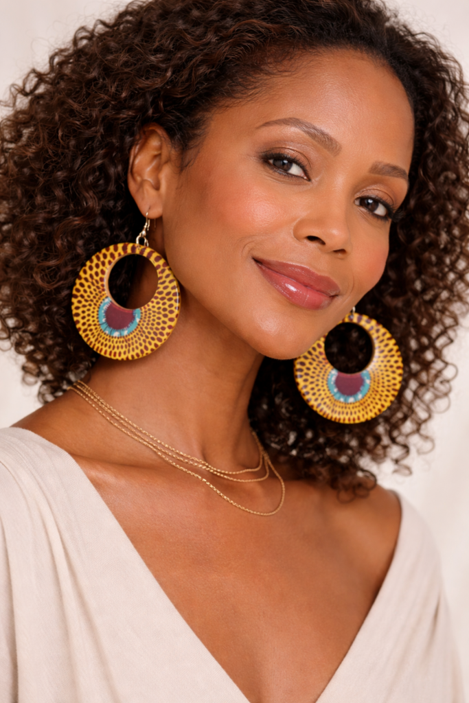 yellow African print hoop earrings Plexi wax statement earrings portrait.