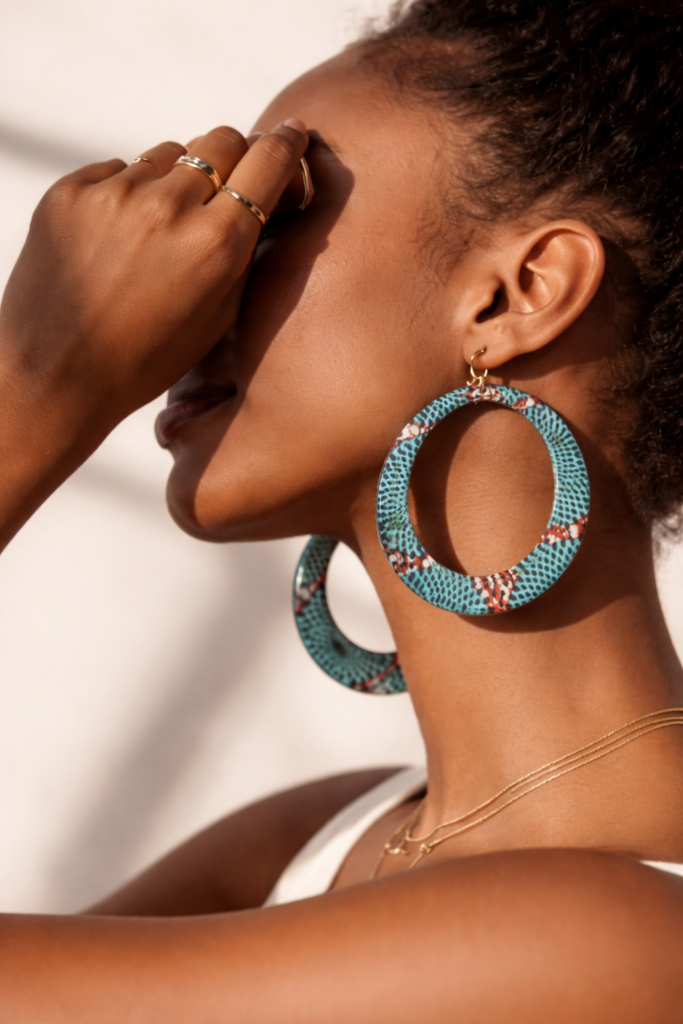 Turquoise African print hoop earrings Plexi wax statement earrings bold blue hoop.